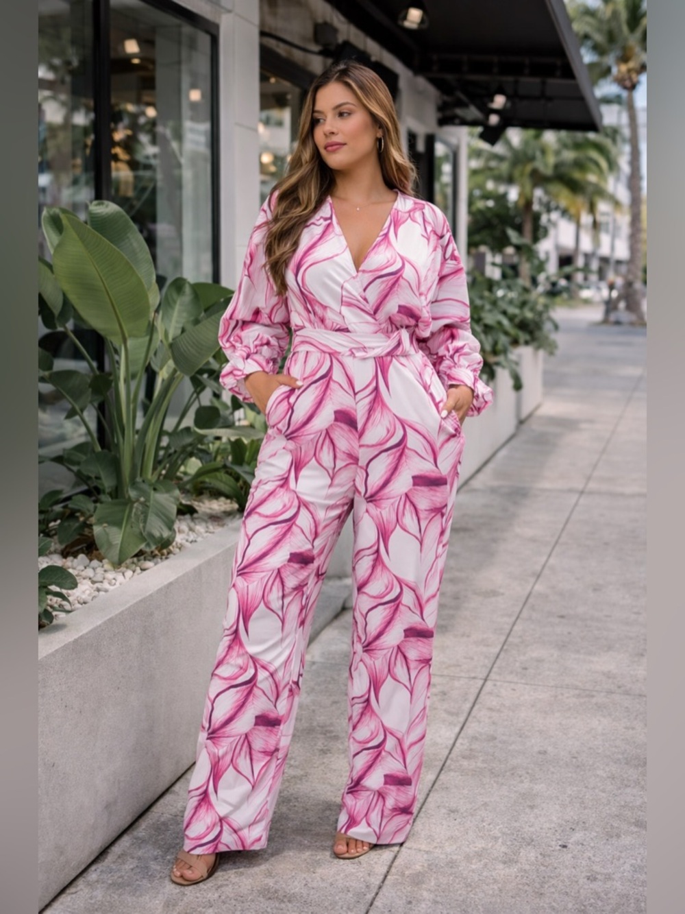 Pink Abstract Print Belted Jumpsuit Long Sleeve Statement Romper Boutique